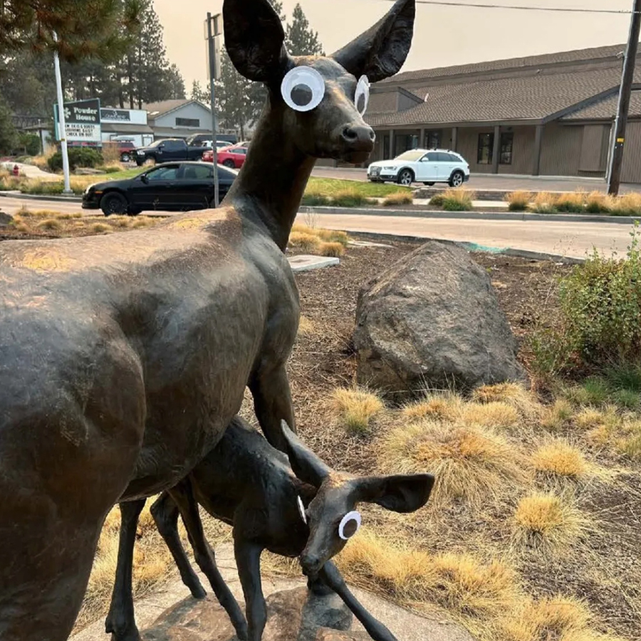 Googly eyes adorn sculptures
