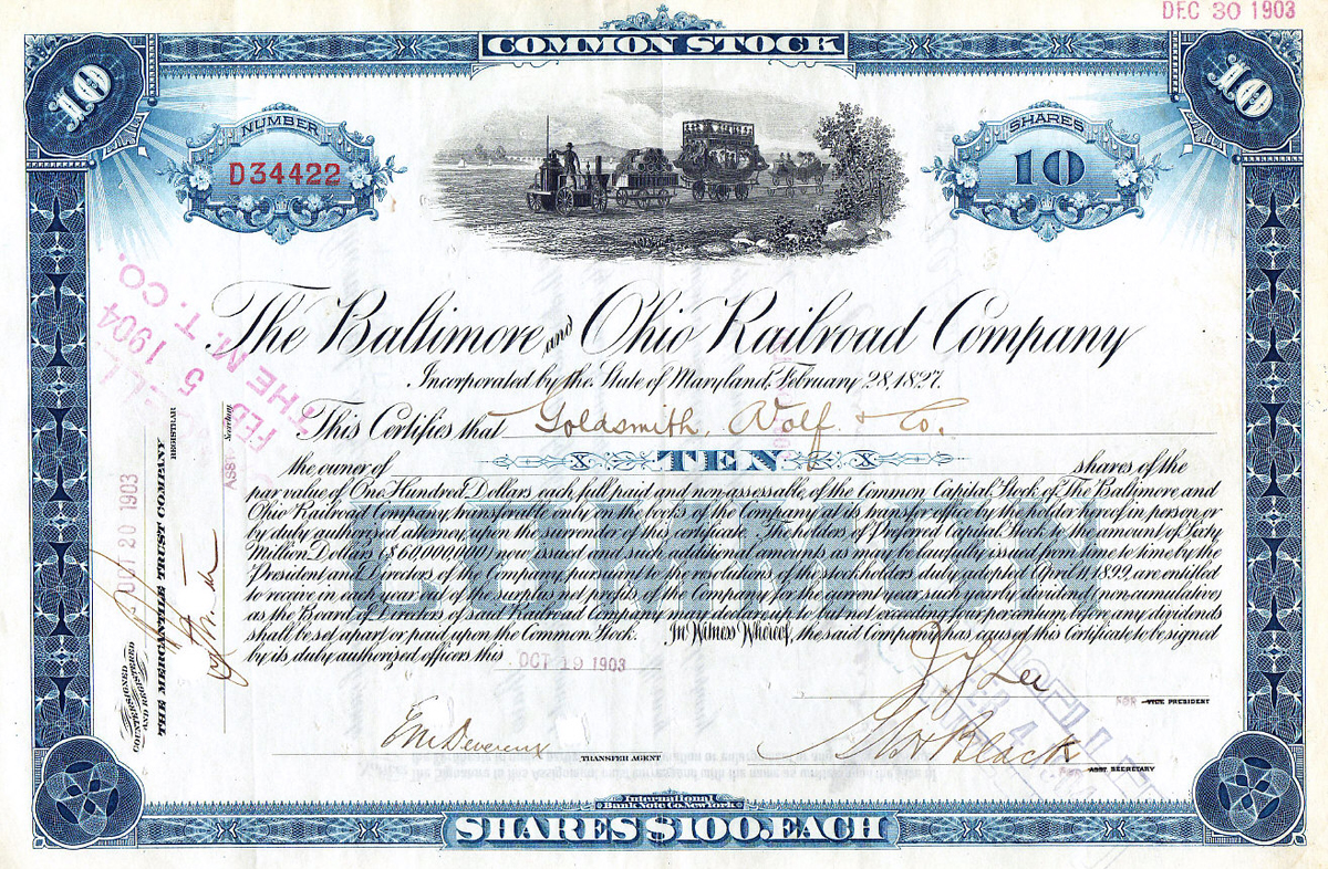 An old-fashioned railroad stock certificate