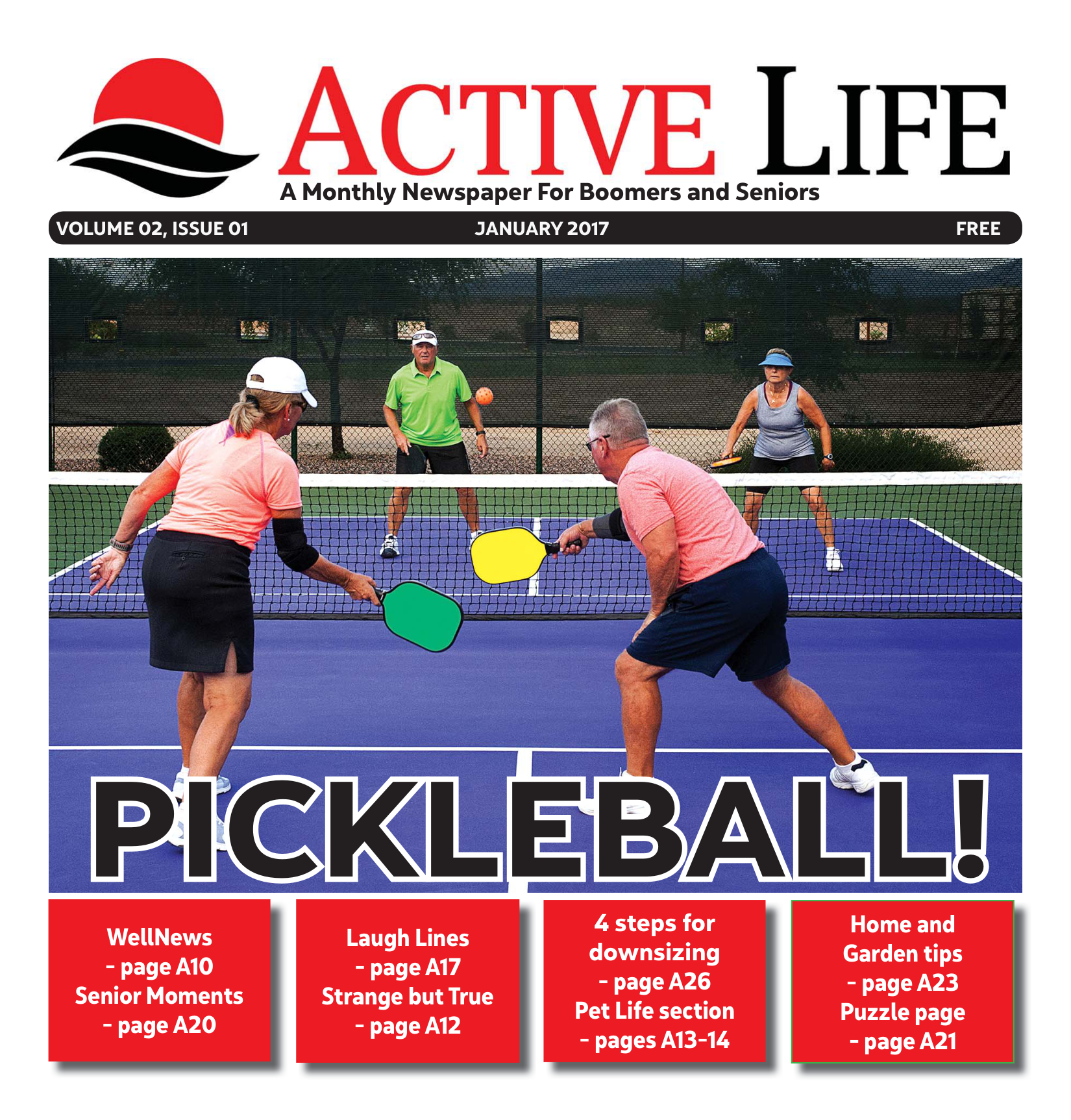 Front page of Active Life newspaper, January 2017, with the headline Pickleball